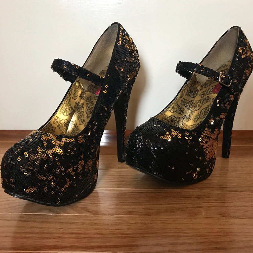 Bordello black and gold sequined platform heels